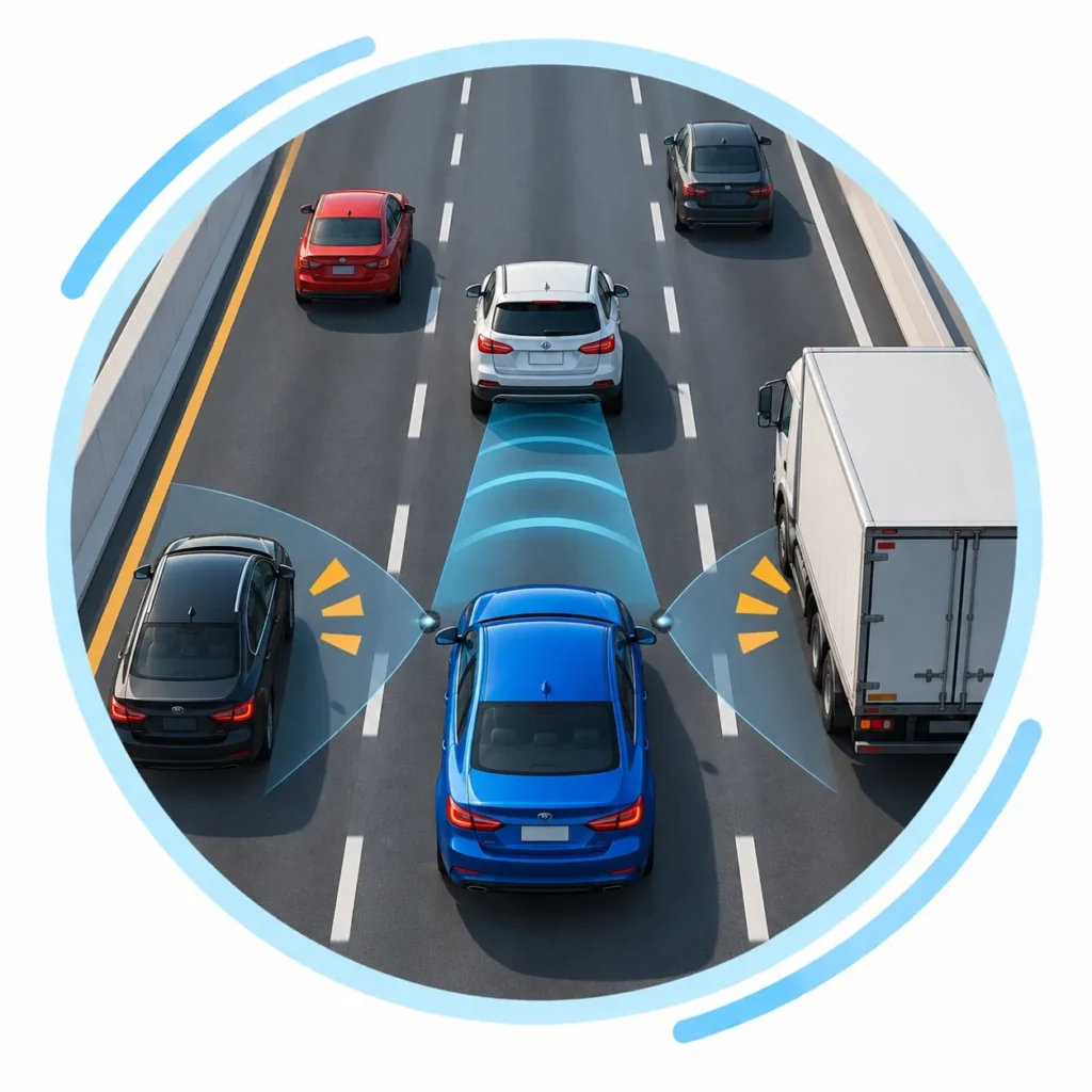 Learner driver practicing defensive driving and hazard awareness in traffic