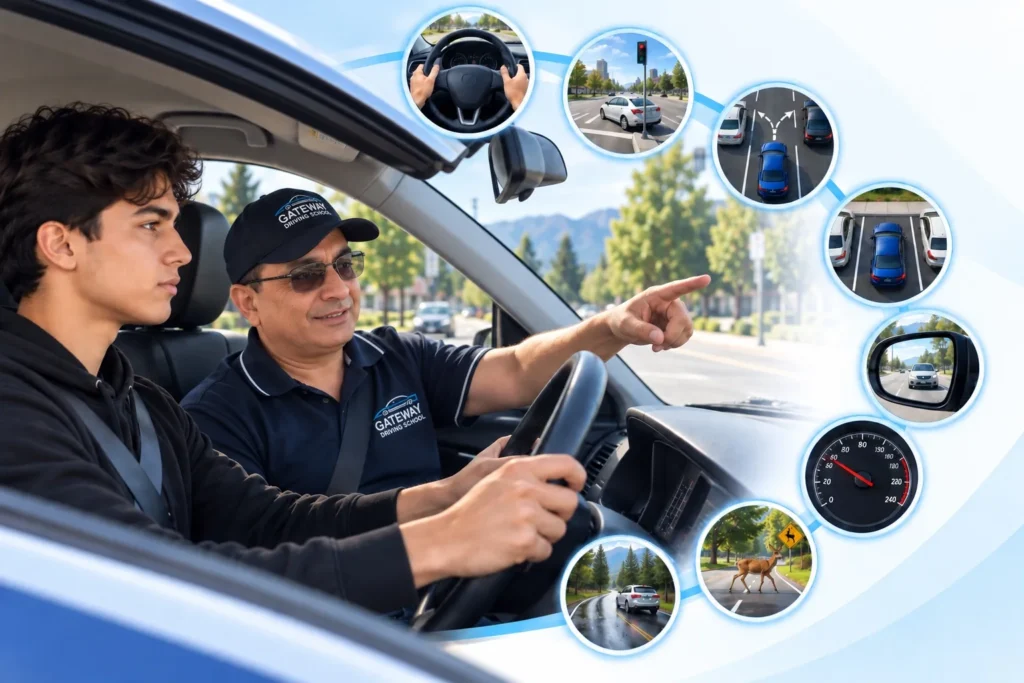 Gateway Driving School instructor teaching a Class 7 learner essential driving skills in Abbotsford