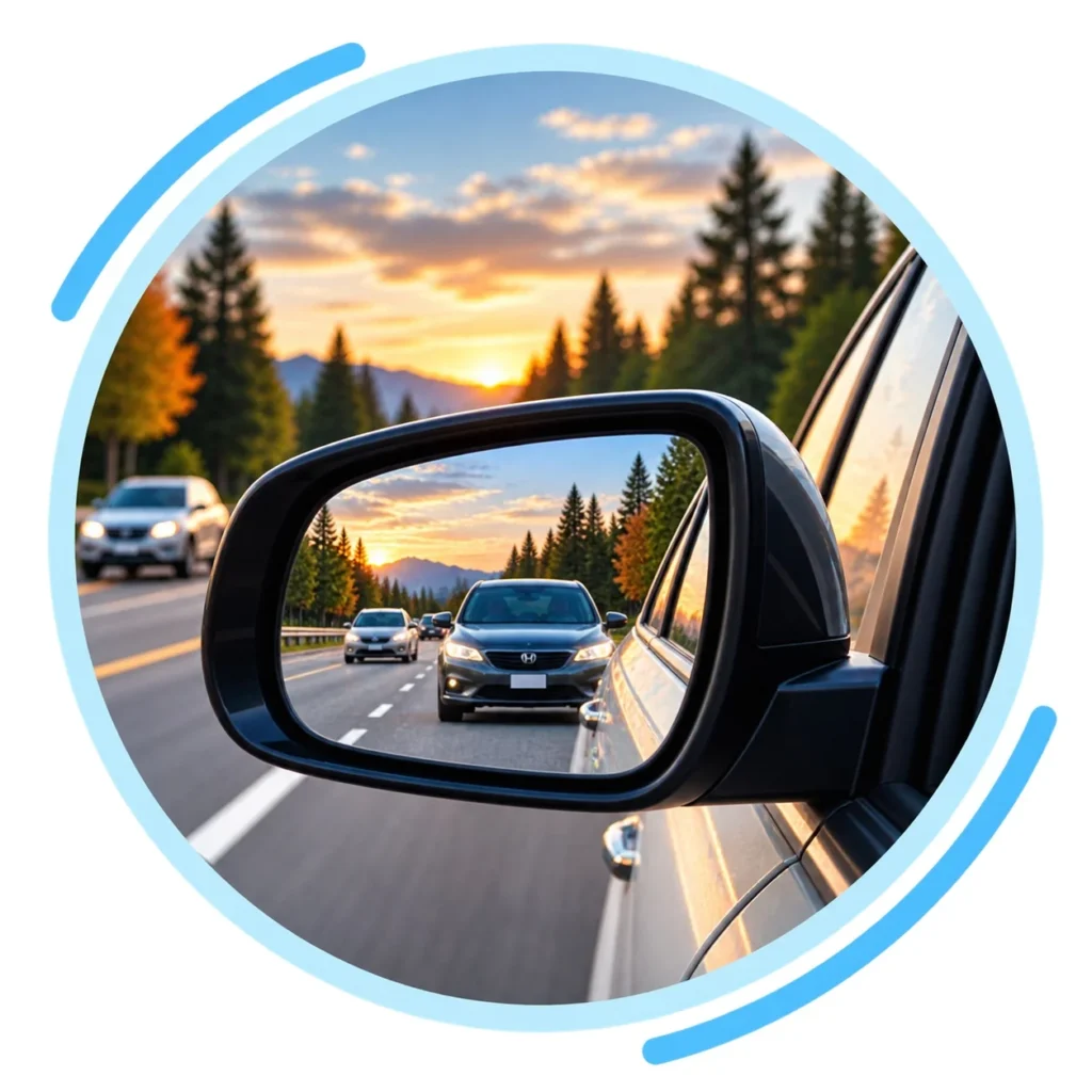 Driver checking the side mirror before changing lanes
