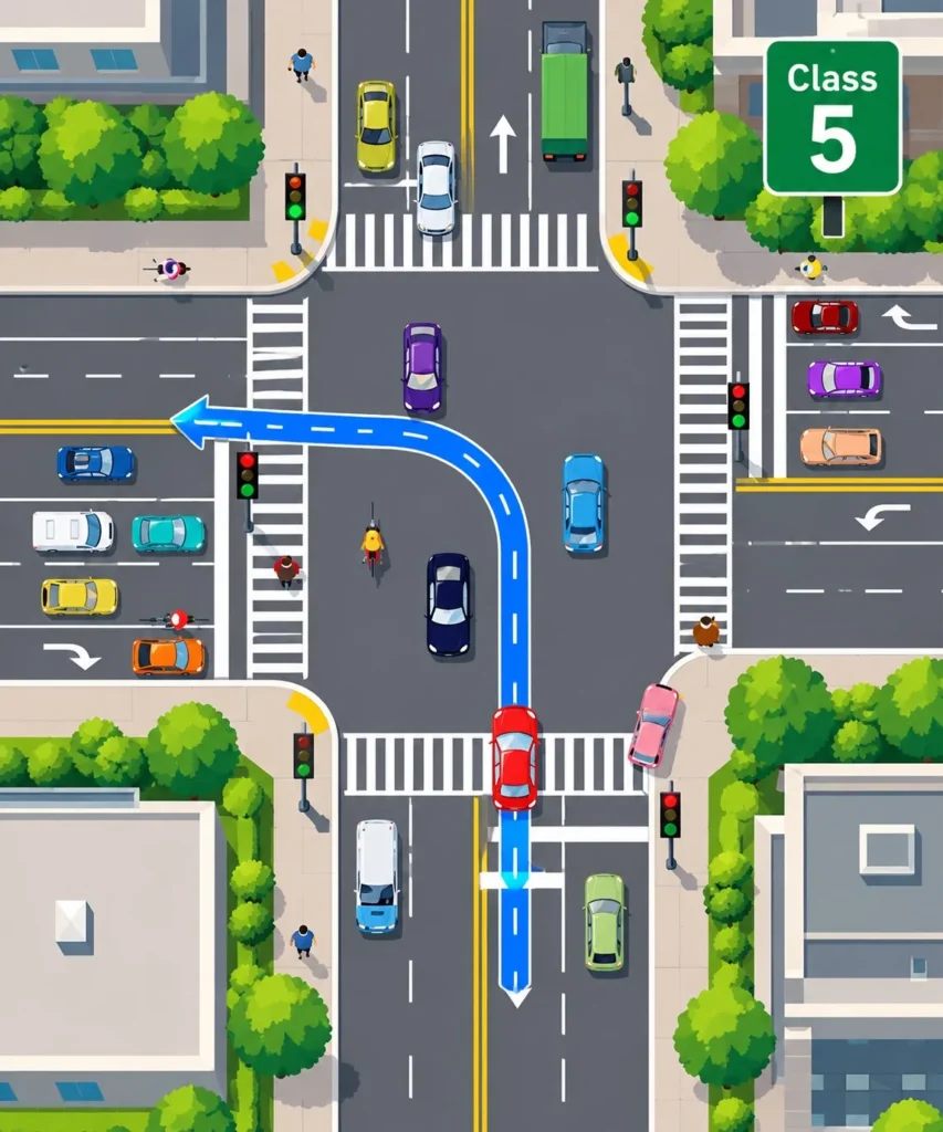 Class 5 road test preparation showing intersection driving and left-turn practice