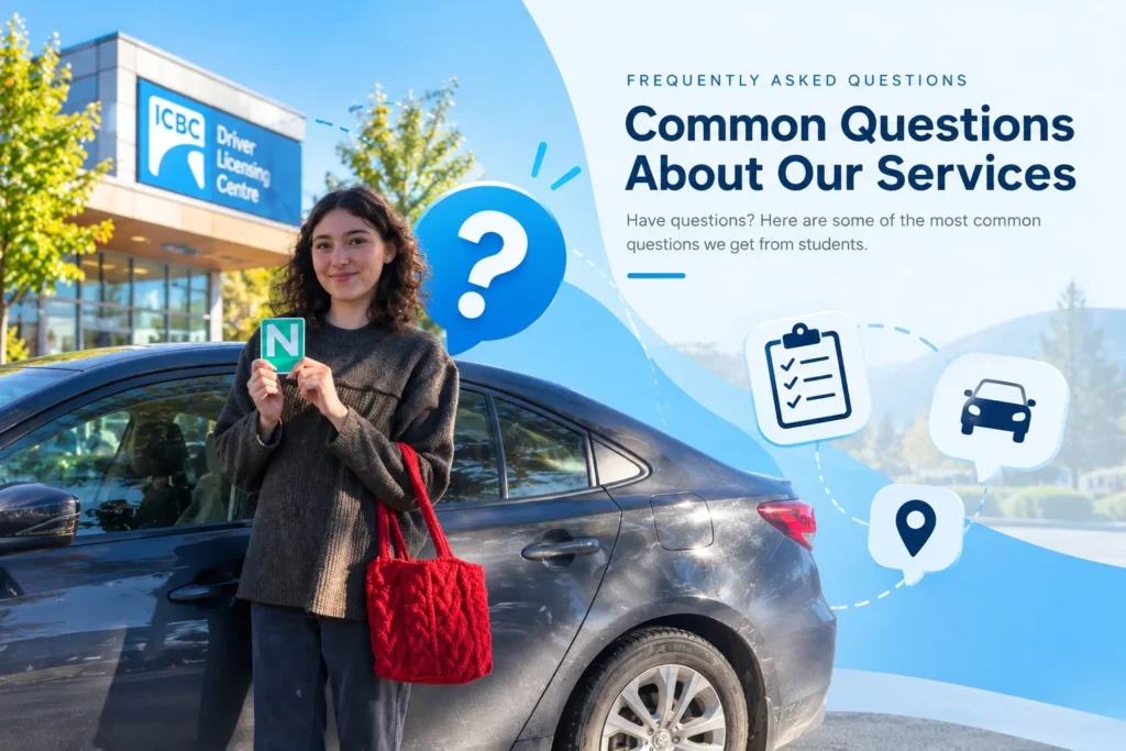 Student holding a green N sign beside a car outside an ICBC Driver Licensing Centre, representing driving lesson FAQs in Abbotsford, BC.