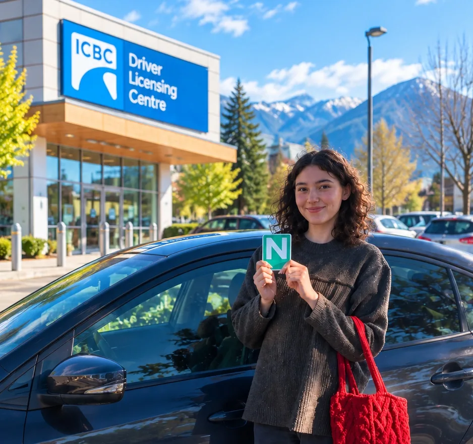 Learner driver holding a green N sign beside a car outside an ICBC Driver Licensing Centre, representing Class 7 road test preparation in BC