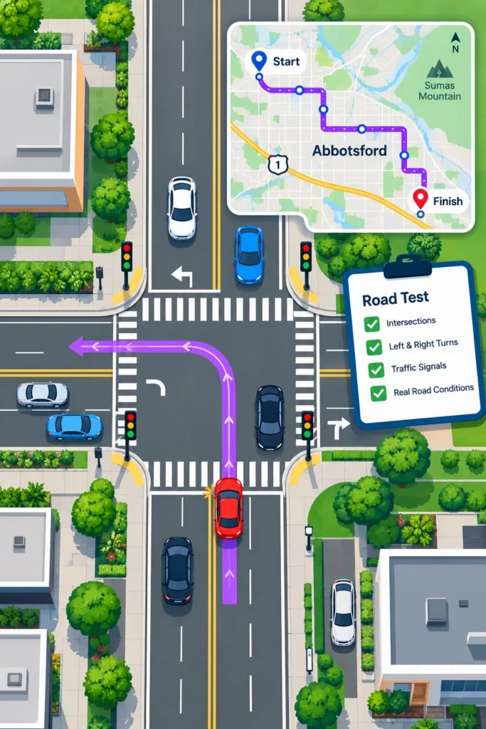 Illustration of an ICBC road test preparation route in Abbotsford with intersections, traffic signals and real-world driving conditions