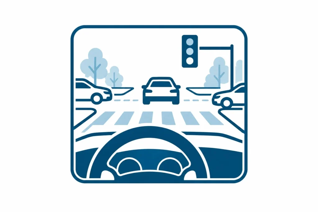 Driver approaching a traffic-light intersection during road test preparation