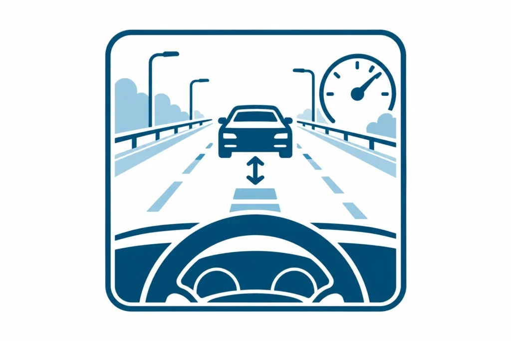 Driver maintaining safe speed and following distance during road test preparation
